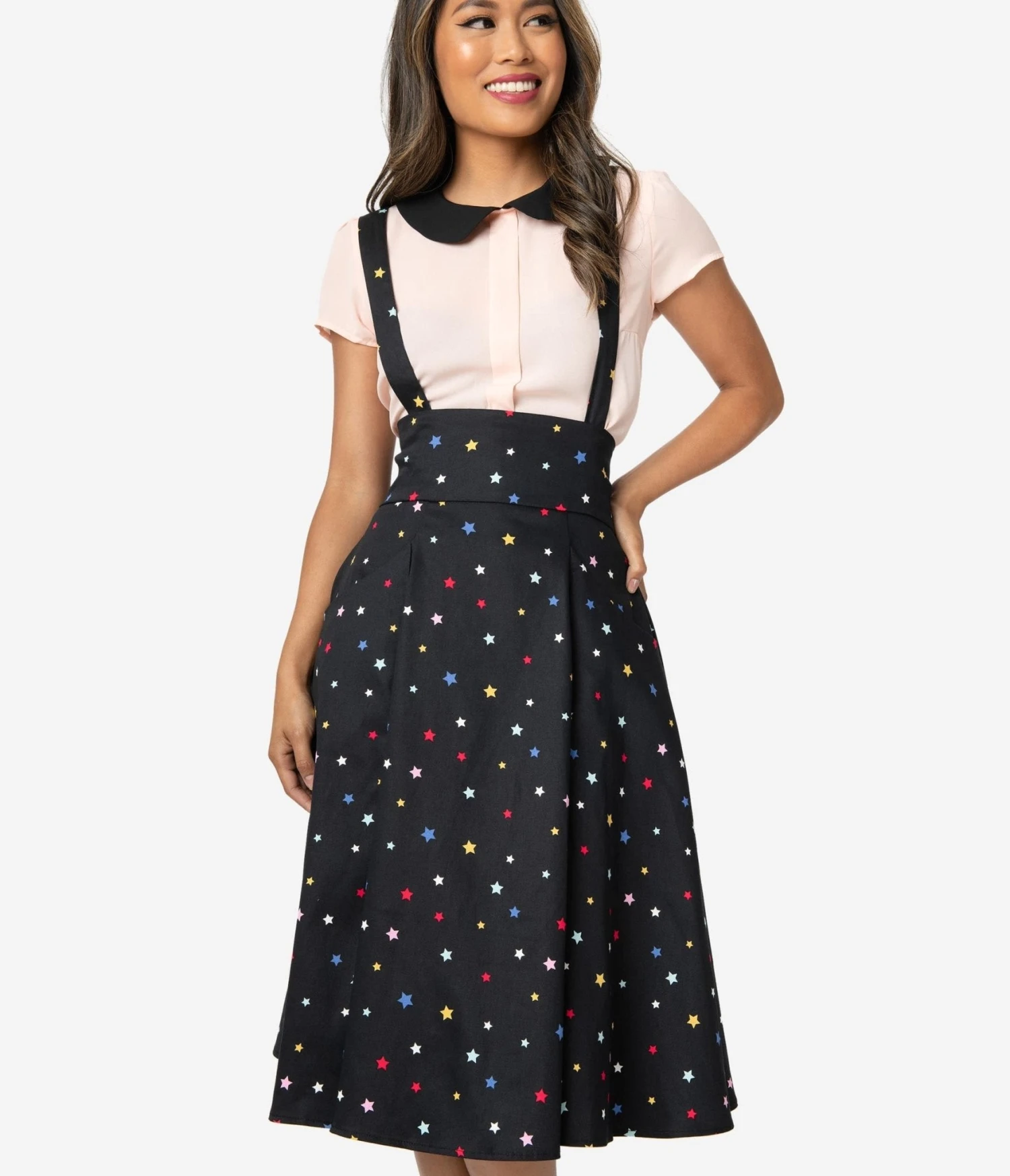 Collectif 1950s Black & Multicolor Stars Alexa Suspender Swing Skirt 5 Collectif 1950s Black & Multicolor Stars Alexa Suspender Swing Skirt - Image 5