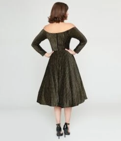 Collectif Black & Gold Glitter Striped Anjelica Swing Dress -Pleaser Clothing Store collectif black gold glitter striped anjelica swing dress 221554