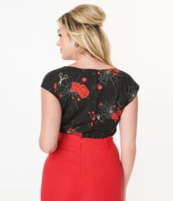 Collectif Black Spinners Web & Roses Blouse -Pleaser Clothing Store collectif black spinners web roses blouse 309998