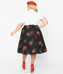 Collectif Black Spinners Web & Roses Swing Skirt -Pleaser Clothing Store collectif black spinners web roses swing skirt 103425
