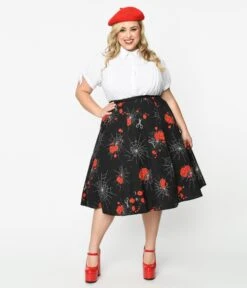 Collectif Black Spinners Web & Roses Swing Skirt