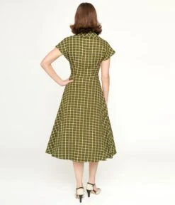 Collectif Green & White Checked Liza Acres Swing Dress -Pleaser Clothing Store collectif green white checked liza acres swing dress 571414