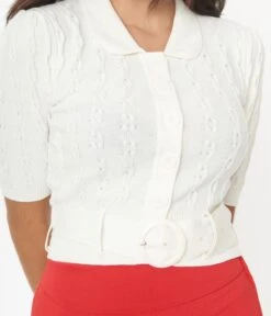 Collectif Ivory Belt Cable Knit Juniper Cardigan -Pleaser Clothing Store collectif ivory belt cable knit juniper cardigan 283188