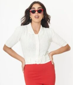 Collectif Ivory Belt Cable Knit Juniper Cardigan -Pleaser Clothing Store collectif ivory belt cable knit juniper cardigan 802675