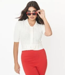 Collectif Ivory Belt Cable Knit Juniper Cardigan -Pleaser Clothing Store collectif ivory belt cable knit juniper cardigan 899375