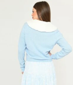 Collectif Light Blue & Faux Fur Collar Cardigan -Pleaser Clothing Store collectif light blue faux fur collar cardigan 614795