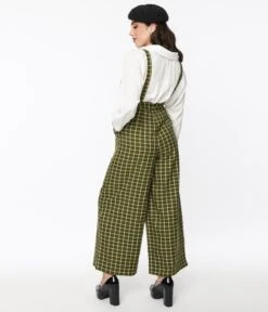 Collectif Olive Green & White Windowpane Glynda Suspender Pants -Pleaser Clothing Store collectif olive green white windowpane glynda suspender pants 561689