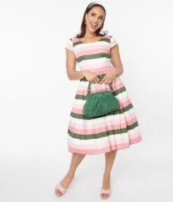 Collectif Pink & Green Stripe Swing Dress -Pleaser Clothing Store collectif pink green stripe swing dress 578712