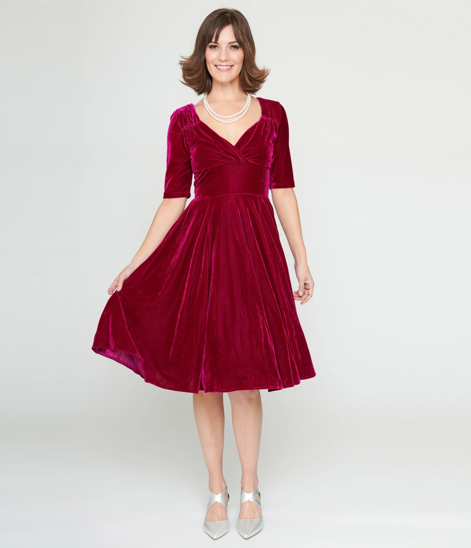 Collectif Plum Velvet Trixie Flare Dress 2 Collectif Plum Velvet Trixie Flare Dress - Image 2