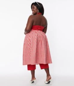 Collectif Plus Size Red Gingham Skirted Midge Jumpsuit Set -Pleaser Clothing Store collectif plus size red gingham skirted midge jumpsuit set 361391