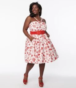 Collectif Plus Size White & Red Sea Shore Print Kiana Swing Dress -Pleaser Clothing Store collectif plus size white red sea shore print kiana swing dress 361693