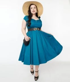 Collectif Teal Nell Swing Dress -Pleaser Clothing Store collectif teal nell swing dress 220634