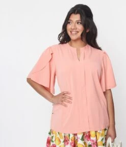 Coral Flutter Sleeve Blouse -Pleaser Clothing Store coral flutter sleeve blouse 217596