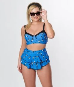 Corpse Bride X Unique Vintage Blue & Flying Skulls Ruffle Swim Bottom -Pleaser Clothing Store corpse bride x unique vintage blue flying skulls ruffle swim bottom 114190