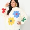 Cream & 3D Multicolor Floral Knit Pullover