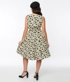 Cream & Black Floral Swing Dress -Pleaser Clothing Store cream black floral swing dress 435380