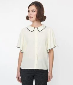 Cream & Black Trim Top 6 Cream & Black Trim Top -Pleaser Clothing Store cream black trim top 570102