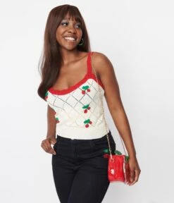 Cream Cha Cha Cherry Pointelle Knit Top 8 Cream Cha Cha Cherry Pointelle Knit Top -Pleaser Clothing Store cream cha cha cherry pointelle knit top 916350