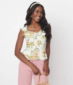 Cream Floral Ruffled Kailey Top -Pleaser Clothing Store cream floral ruffled kailey top 774658
