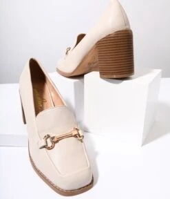 Cream Leatherette Block Heel Loafers -Pleaser Clothing Store cream leatherette block heel loafers 259085
