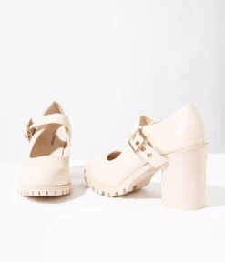 Cream Leatherette Platform Mary Jane Heels -Pleaser Clothing Store cream leatherette platform mary jane heels 224633