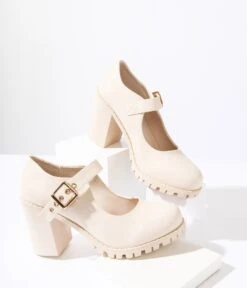 Cream Leatherette Platform Mary Jane Heels