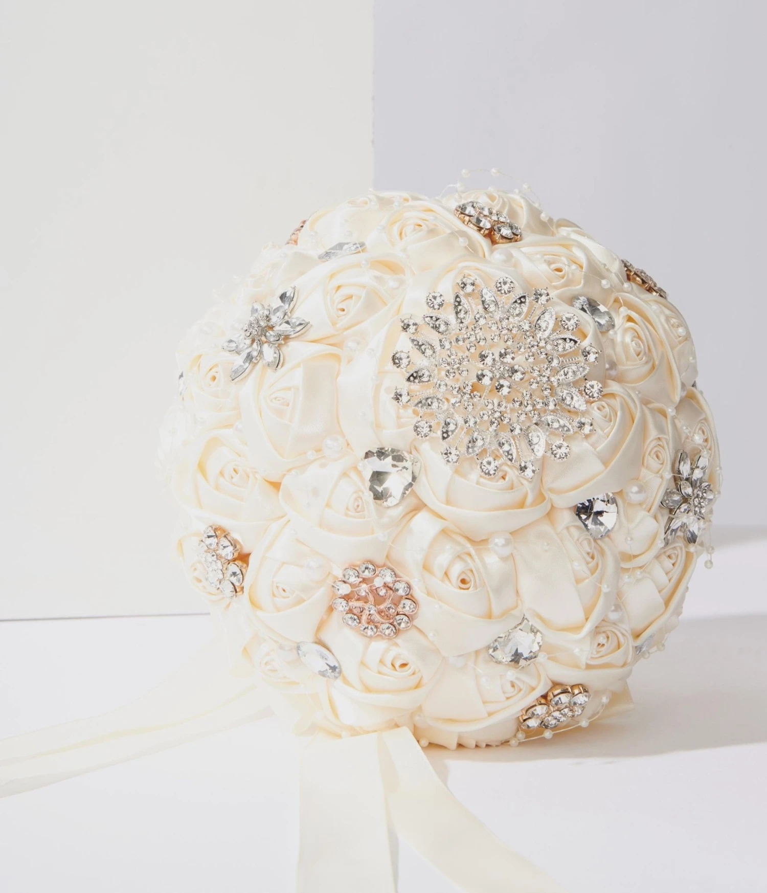 Cream Satin Floral & Rhinestone Bridal Bouquet 2 Cream Satin Floral & Rhinestone Bridal Bouquet - Image 2