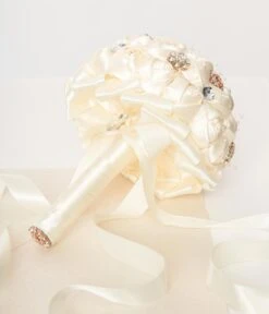 Cream Satin Floral & Rhinestone Bridal Bouquet 8 Cream Satin Floral & Rhinestone Bridal Bouquet -Pleaser Clothing Store cream satin floral rhinestone bridal bouquet 600073