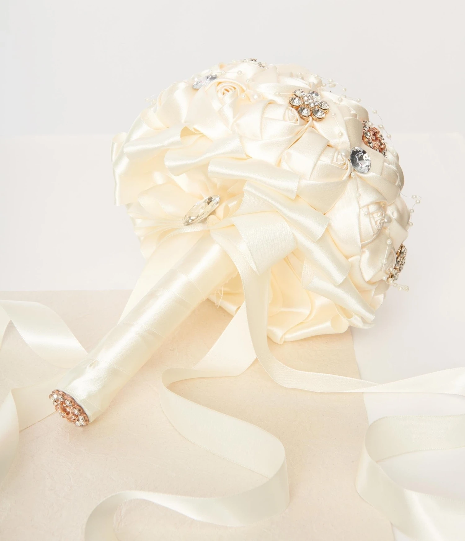 Cream Satin Floral & Rhinestone Bridal Bouquet 4 Cream Satin Floral & Rhinestone Bridal Bouquet - Image 4