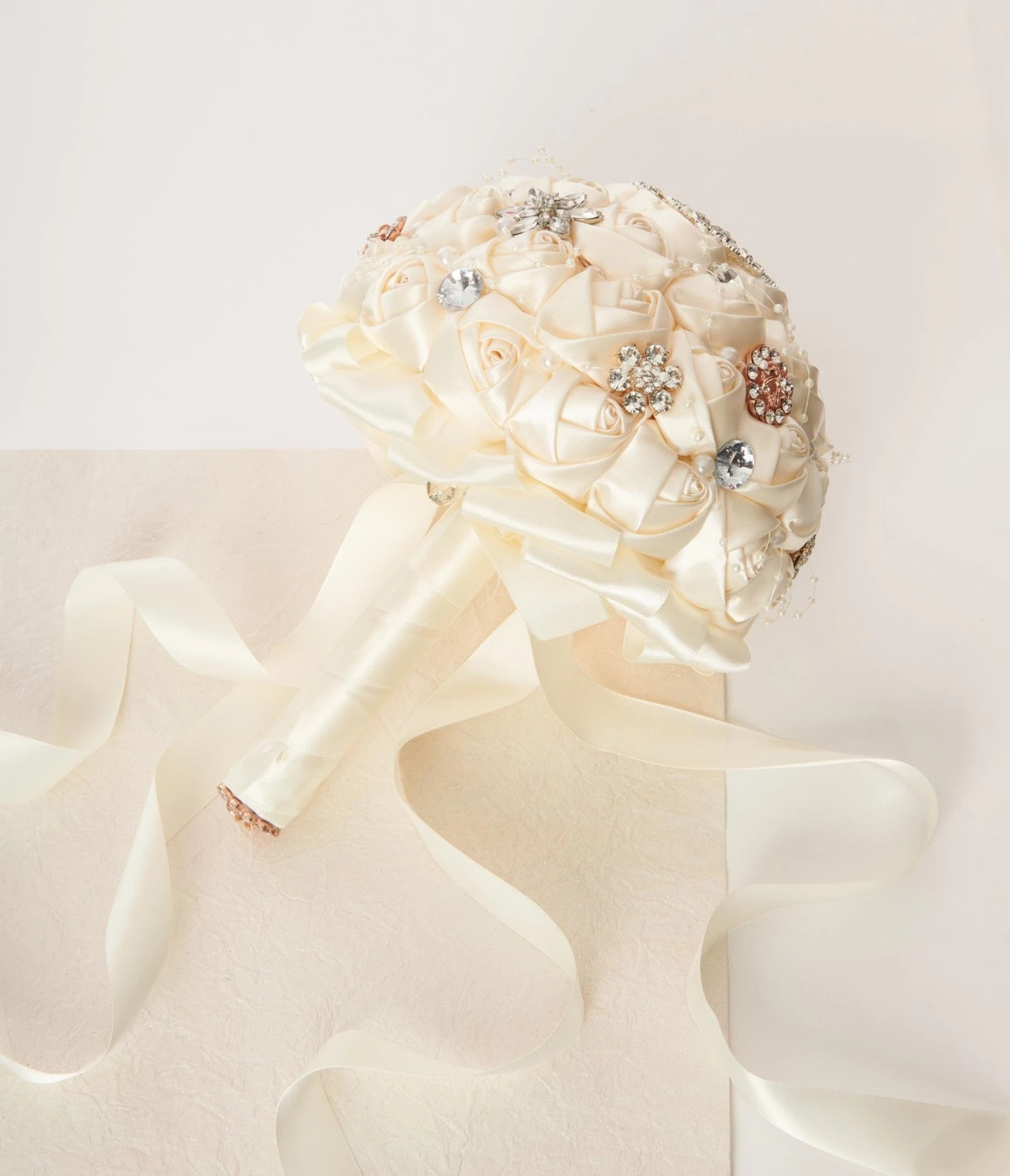 Cream Satin Floral & Rhinestone Bridal Bouquet 1 Cream Satin Floral & Rhinestone Bridal Bouquet