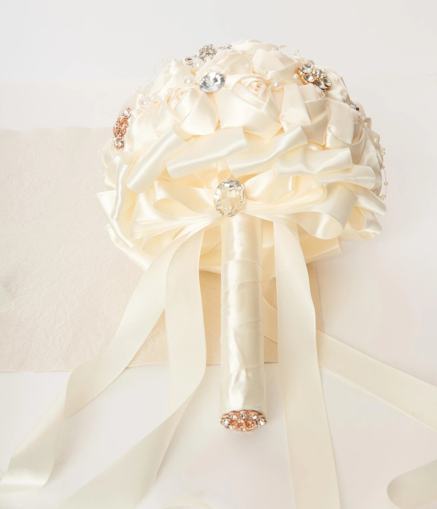 Cream Satin Floral & Rhinestone Bridal Bouquet 3 Cream Satin Floral & Rhinestone Bridal Bouquet - Image 3