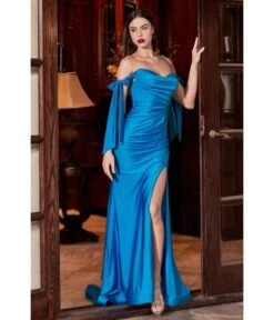 Cinderella Divine Cyan Blue Off The Shoulder Tie Prom Gown