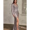 Cinderella Divine Dark Silver Sequin Long Sleeve Slit Evening Gown