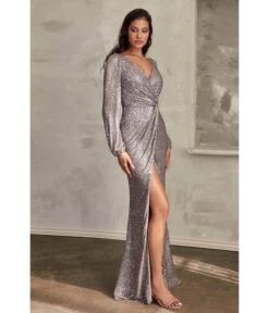 Cinderella Divine Dark Silver Sequin Long Sleeve Slit Evening Gown