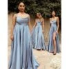 Cinderella Divine Dusty Blue Liquid Satin Prom Gown