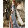 Cinderella Divine Dusty Blue Off The Shoulder Tie Bridesmaid Gown