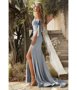 Cinderella Divine Dusty Blue Off The Shoulder Tie Bridesmaid Gown