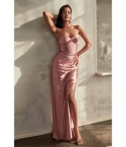 Cinderella Divine Dusty Rose Satin Strapless Corset Lace Up Back Evening Gown