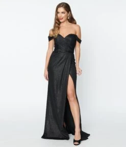 Elegant Black Shimmer Off The Shoulder Dress -Pleaser Clothing Store elegant black shimmer off the shoulder dress 342925