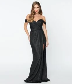 Elegant Black Shimmer Off The Shoulder Dress -Pleaser Clothing Store elegant black shimmer off the shoulder dress 510764