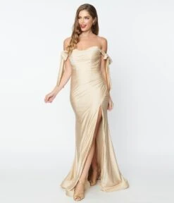 Elegant Champagne Off The Shoulder Tie Dress