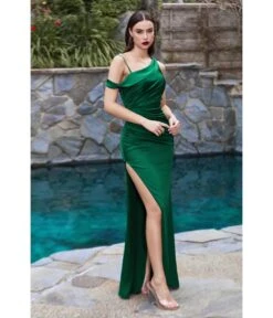 Cinderella Divine Emerald Asymmetrical Shoulder Satin Bridesmaid Dress