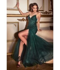 Cinderella Divine Emerald Beaded Sequin Strapless Mermaid Prom Dress