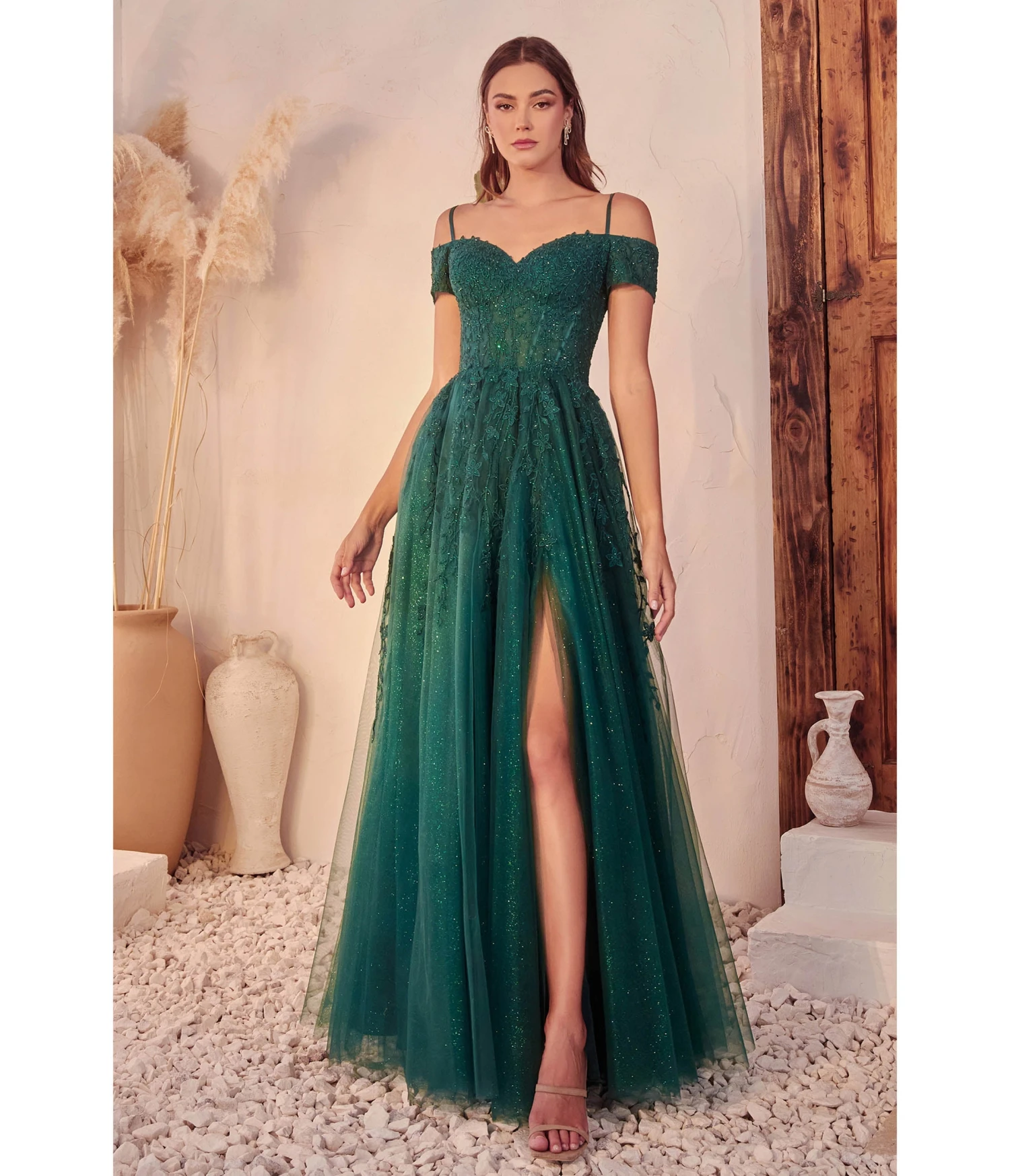 Cinderella Divine Emerald Glitter Tulle Off The Shoulder Applique Slit Gown 1 Cinderella Divine Emerald Glitter Tulle Off The Shoulder Applique Slit Gown