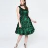 Emerald Green & Black Peacock Deco Print Eileen Flare Dress