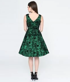 Emerald Green & Black Peacock Deco Print Eileen Flare Dress -Pleaser Clothing Store emerald green black peacock deco print eileen flare dress 465141