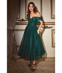 Cinderella Divine Emerald Green Glitter Off The Shoulder Tea Length Dress
