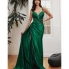 Cinderella Divine Emerald Green Soft Satin Sheer Leaves Gown