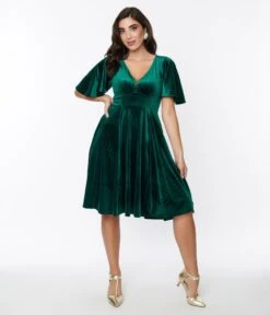 Emerald Green Velvet Flutter Sleeve Swing Dress -Pleaser Clothing Store emerald green velvet flutter sleeve swing dress 316705