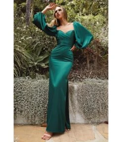 Cinderella Divine Emerald Satin Long Sleeve Bridesmaid Dress